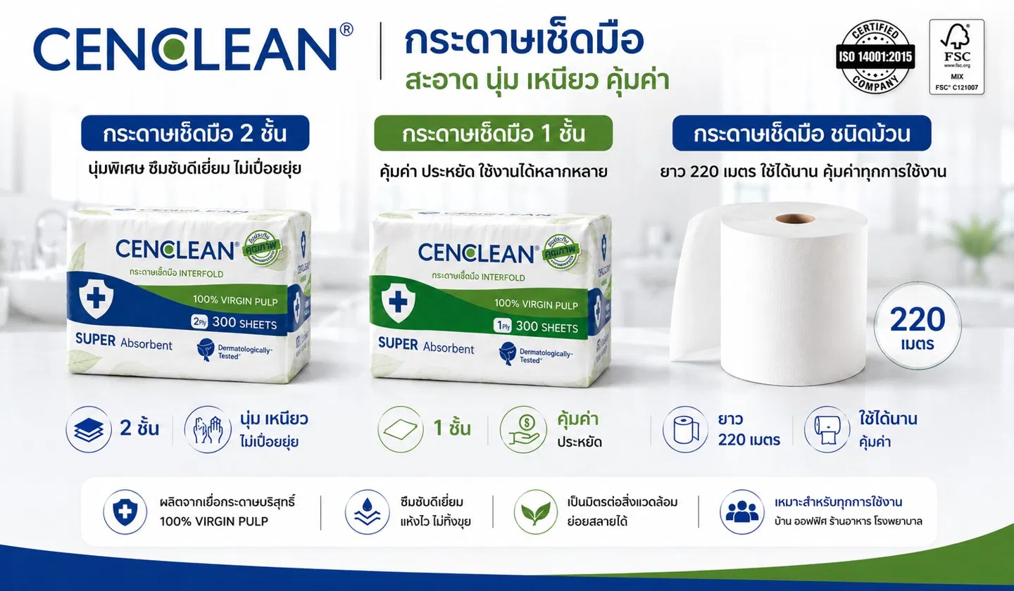 CENCLEAN กระดาษเช็ดมือ สะอาด นุ่ม เหนียว คุ้มค่า