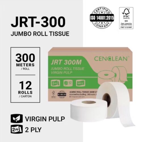 CENCLEAN กระดาษชำระม้วนใหญ่ JRT 2 ชั้น 300 เมตร - Virgin 100%, FSC  |  12 ม้วน/ลัง